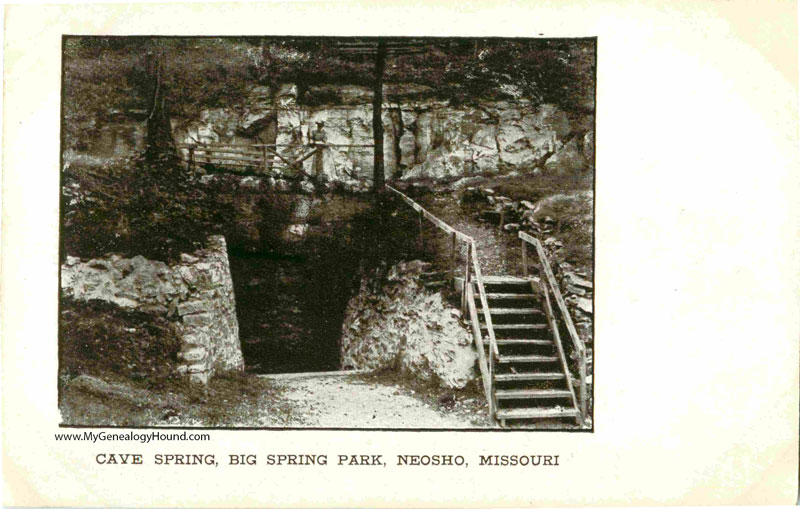 A vintage postcard view of the Cave Spring, Big Spring Park, Neosho, Missouri. This postcard view is from about 1910-1915.
