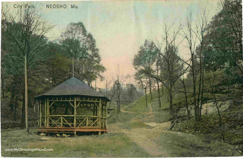 A vintage postcard view of City Park, Neosho, Missouri. This postcard view was postmarked in 1909.e